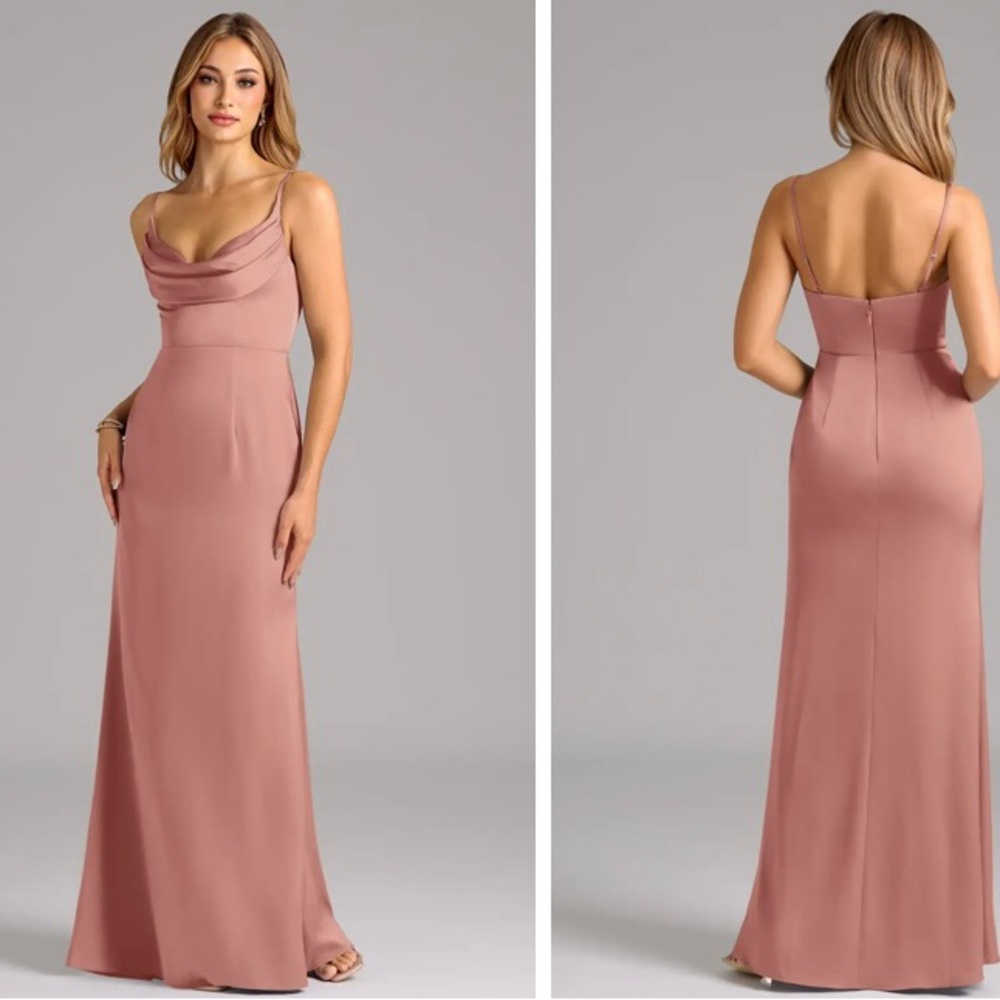 Azazie Cowl Neck Spaghetti Strap Maxi Dress in Rosette- stretch satin